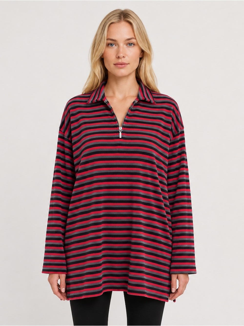 Eddie Bauer Velour 1/4 Zip Pullover Sweatshirt Red/Gray/Black Stripe Size Medium